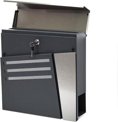 Поштовий ящик Wiltec Designer V23 з нержавіючої сталі антрацит 370x102x370 мм з замком та газетницею
