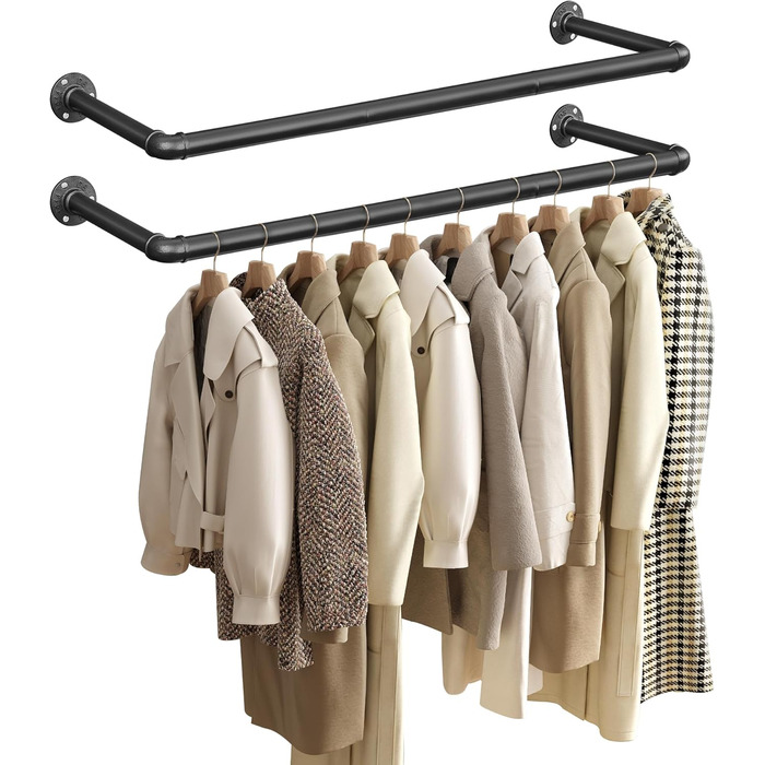 SONGMICS Wall Mounted Clothes Rails, 2 Pack, Coat Rails, Wall Mount, Space-Saving, 92 x 30 x 7.5 cm, Easy Assembly, Industrial Design, for Small Apartments, Black HSR67BK02