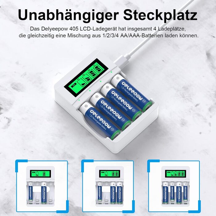 Зарядний пристрій для акумуляторів AA з LCD-дисплеєм, 8 шт. акумуляторів 3300mAh, NiMH 1.2V, 4 слоти для заряджання