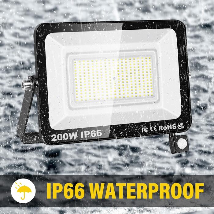 Willpower 200W 20000LM LED Floodlight Outdoor with Motion Sensor, 6000K Cool White, IP66 Waterproof LED Outdoor Floodlight, Spot Light for Garage, Hallway, Garden, Courtyards, Hotel, Sports Field