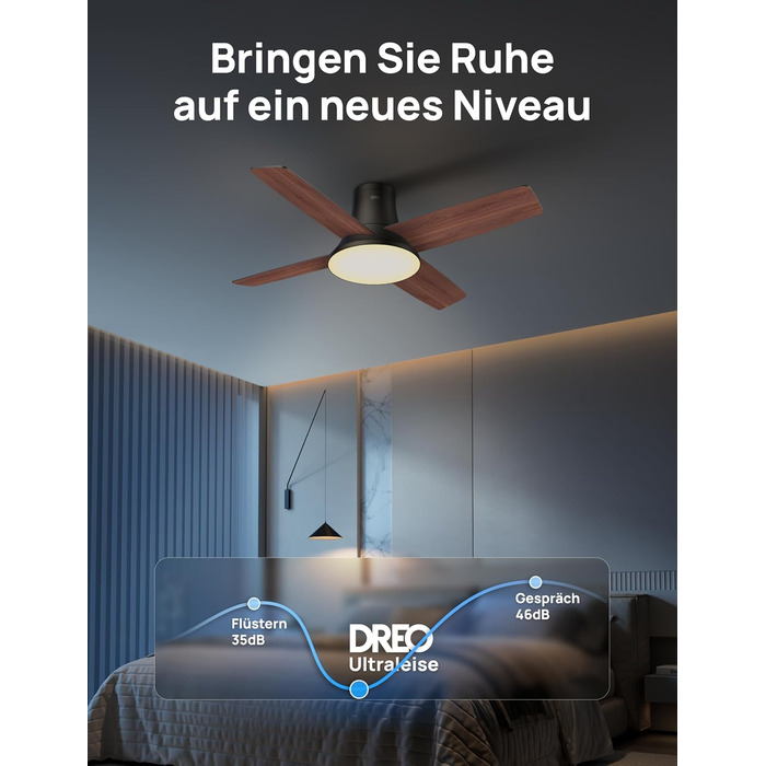Стеляний вентилятор Dreo з підсвічуванням та пультом керування, 112 см (44 дюйми), плоский, чорний, реверсивний, 5 лопатей, 6 рівнів регулювання яскравості, 6 швидкостей, тихий, з таймером, легка установка для спальні
