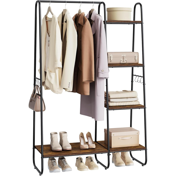 Clothes Rack, Stable Wardrobe, Clothes Rail with 5 Shelves, 6 Hooks, Black Metal Coat Rack, Freestanding Coat Stand