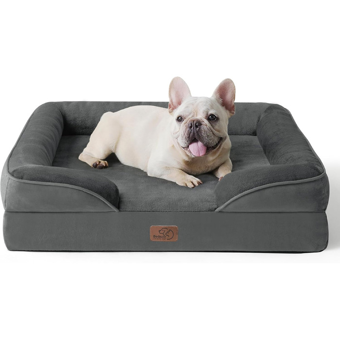 Ортопедичне ліжко для собак BEDSURE - 89x63 см. Зручне ліжко-софа для собак середніх порід з ергономним пінопластом, миється, не слизьке, сірого кольору (71x58x17 см)