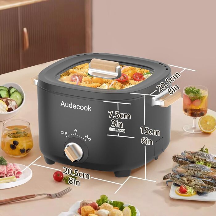 Електричний хот-пот Audecook 2.5L: багатофункціональний мультикухончик для 1-3 осіб, антипригарне покриття, ідеальний для стейків, локшини, супів та яєць (чорний)