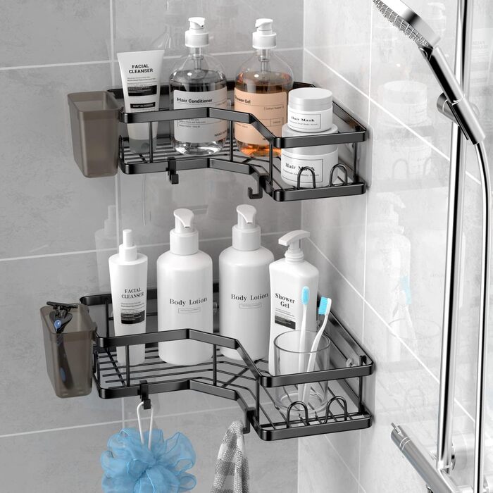 FINIBO Shower Shelf No Drilling, 2 Pack Adhesive Corner Shelf Bathroom Organizer, Shower Shelf Stainless Steel with 4 Hooks and 2 Toothpaste Holders, Black Shower Shelf Shower Basket for Bathroom Kitchen