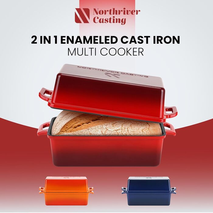 Форма для випічки хліба Northriver Brotbackform з емальованого чавуну, 22.9x12.7 см, червона (набір 2 шт.) - для хліба, пирогів, запіканок