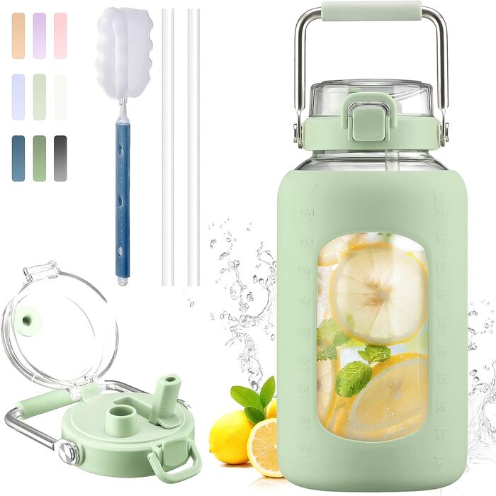 BLUEGO 2500ml Glass Drinking Bottle with Stainless Steel Handle, 2.5L Large Water Bottle with Time Markers and Silicone Sleeve, Half Gallon Water Jug, BPA-Free for Sports, Daily Use, Light Green