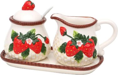 Dolomite sugar bowl with spoon, milk jug, and plate as a 3-piece set, with strawberry relief, size approx. 19 x 10.5 cm, 12