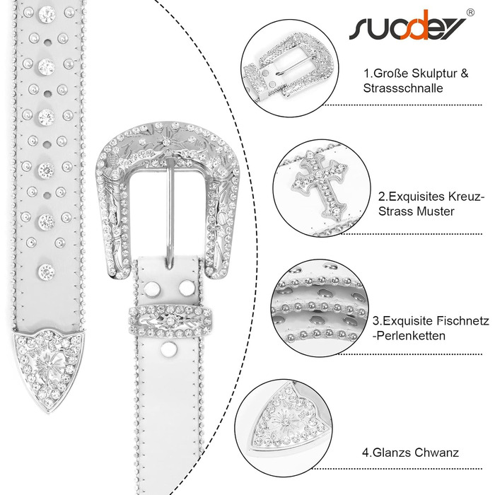 Чоловічий та жіночий шкіряний ремінь SUOSDEY з стразами, ковбойський стиль, 105 см, розмір 71-85 см