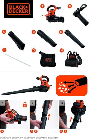Електричний садовий пилосос-воздуходувка Black+Decker 3-в-1 BEBLV290, 2900 Вт, з подрібнювачем, 315 км/год, 55 л мішок-рюкзак, для терас, доріжок, під'їздів
