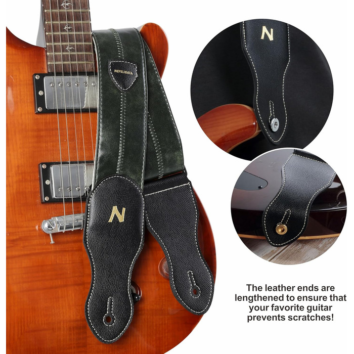 Гітарний ремінь Nefelibata з кишенею для медіатора, 2.3-дюймовий веганський шкіряний ремінь для гітари в стилі Porter, вінтажний стиль 30-х років, з медіаторами, кнопками та замками. Регульована довжина від 42 до 66 дюймів (зелений)