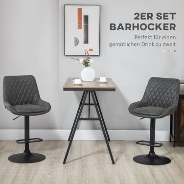 HOMCOM 2-Piece Adjustable Height Bar Stool Set with Backrest, Faux Leather Dark Grey for Bar and Kitchen