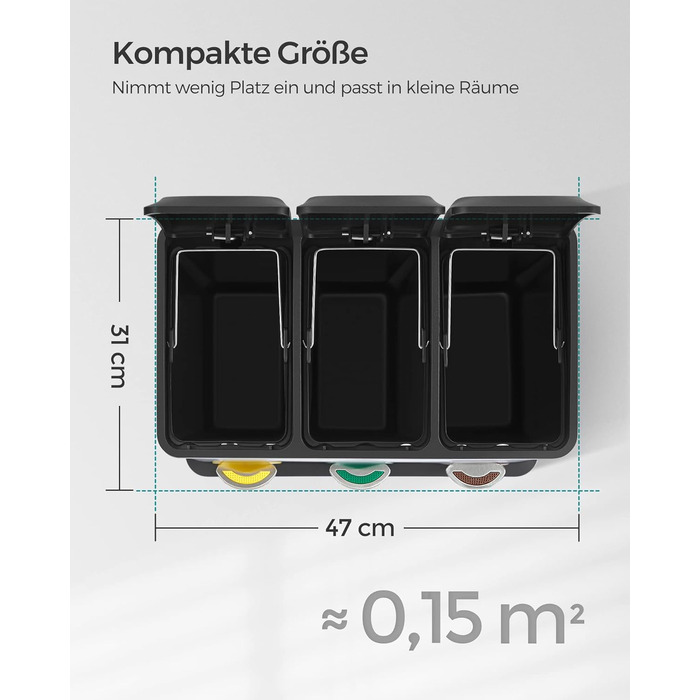 Кухонний сміттєвий кошик SONGMICS ISLAND LTB24L з педаллю, система сортування сміття на 3 відсіки по 8 л, з внутрішніми контейнерами та наклейками, сріблясто-чорний