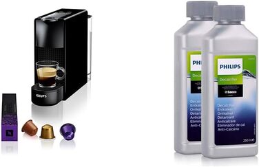 Кавова капсульна машина Nespresso Krups XN1108 Essenza Mini без капучинатора, чорна/сіра + універсальний рідкий декальцинатор Philips для кавоварок, комплект, 0.5 л