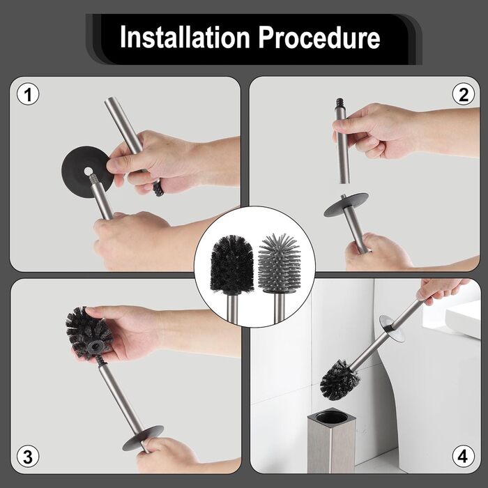 Металева щітка для туалету BVL з двома насадками, квадратна, для ванної кімнати (з щіткою)