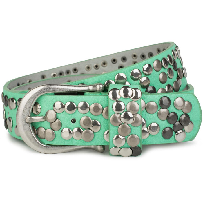 Жіночий ремінь styleBREAKER з заклепками 4 см, екошкіра, металева пряжка, вінтажний стиль, м'ятний (90 см)
