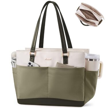Сумка для ноутбука LOVEVOOK, велика шопер-тоут для жінок, бежево-зелена (15.6 дюймів) - для роботи, університету, офісу