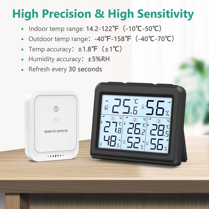 ORIA Digital Thermometer, Indoor/Outdoor Thermometer with 3 Outdoor Sensors, Backlight & Large LCD Display, Min/Max Records, ℃/℉ Switch, Ideal for Office, Home (Black)