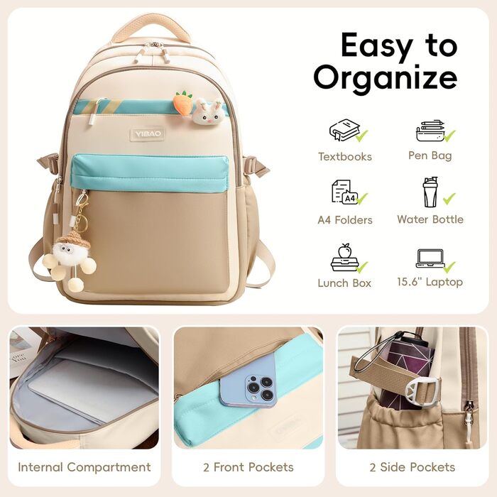 Шкільний рюкзак для дівчинки-підлітка 2025, рюкзак для школи/гімназії, Kawaii рюкзак для старшої школи з відділенням для 15.6' ноутбука, повсякденна шкільна сумка для подорожей, 22L (Хакі)