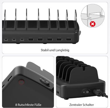 Зарядна станція COTOPS 65W на 10 портів для ноутбука, телефону, iPad, планшета. USB-C PD, з підставкою-органайзером, чорна