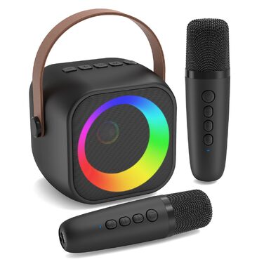 Караоке машина з 2 мікрофонами Bluetooth для дітей та дорослих, з диско-підсвіткою, чорна - ідеальний подарунок для вечірок (3-15 років)