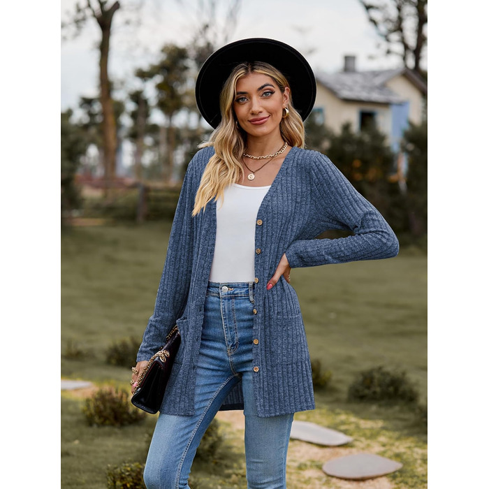 Кардиган жіночий з довгим рукавом, відкритий спереду, на ґудзиках, V-подібний виріз, легкий, з кишенями (XL, темно-синій)
