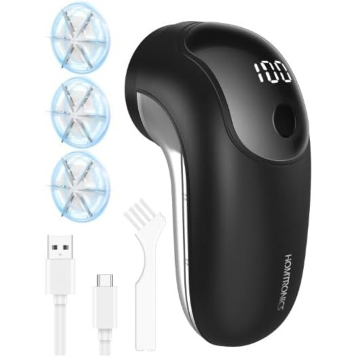 Електричний видалення ворсу для одягу, меблів та текстилю - портативний бездротовий прилад з LED-дисплеєм та 3 рівнями налаштування, чорний