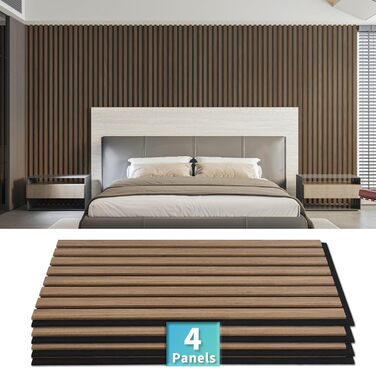 Акустичні панелі Art3d Темний горіх, 3D стінові панелі для звукоізоляції офісу, студії та вітальні, шпоноване дерево з фетровою основою, 60x30 см (набір 4 шт, 0.72 м²)