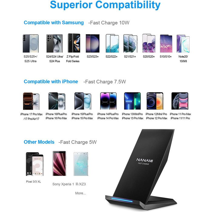 Бездротовий зарядний пристрій NANAMI 30W USB-C з індукційним підсвічуванням, 2-в-1, для iPhone 17/16/15/14/13/12/11/XS Max/X/XR/8 Plus, Samsung Galaxy S25/S24/S23, чорний