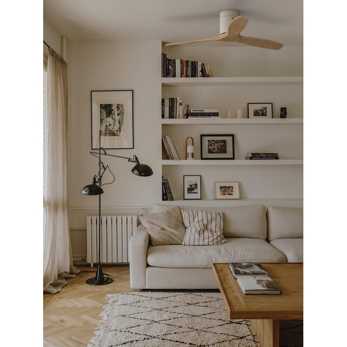 Вентилятор стельовий Windcalm M з ABS корпусом, білий, з імітацією темного дерева, з Wi-Fi та пультом, тихий, 40W, діаметр 132 см, 6 швидкостей, таймер 1-4 год, DC-двигун, режим літо/зима (без освітлення)