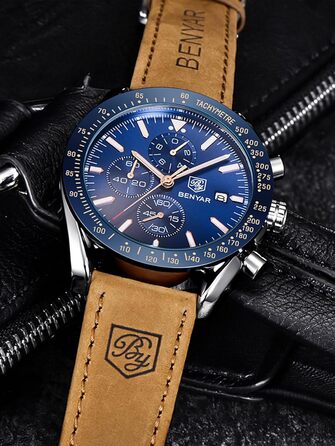 Годинник чоловічий Benyar Chronograph з кварцовим механізмом, аналоговий, з шкіряним ремінцем. Стильний дизайн для бізнесу, спорту та повсякденного носіння. Водостійкий (30M). Елегантний подарунок для чоловіків. Колір: блакитний