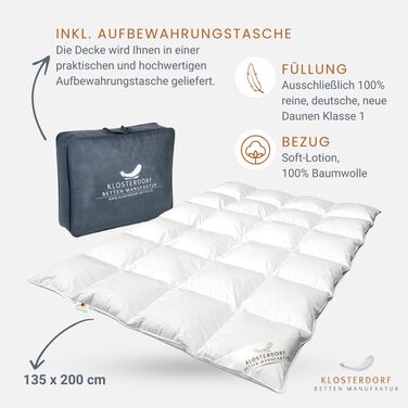 Літня ковдра Klosterdorf Heimatliebe 135x200 см, 220 г, екстра легка, 100% новий німецький пух, ручна робота, преміум якість, для здорового сну