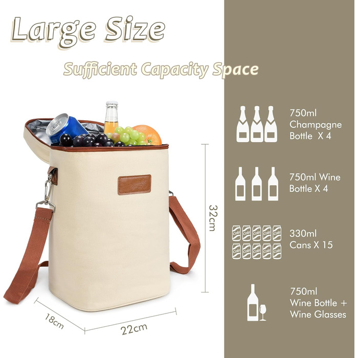Kato Tirrinia Insulated Wine Cooler Bag, 4 Bottle Cooler Bag Wine Bag Beverage Bags with Handle and Adjustable Shoulder Strap, Gift for Wine Lovers for Picnics, Parties, Beach
