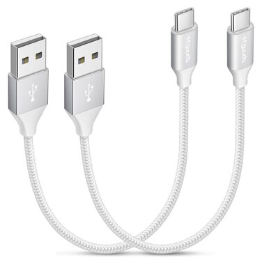 Кабель USB-C на USB-A, 30см, 2 шт., білий. Швидка зарядка, нейлон, для iPhone, Samsung Galaxy