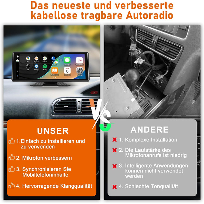 Автомобільний дисплей 10.26'' IPS, бездротовий CarPlay та Android Auto, сенсорний екран 1080P, портативний, підтримка Google і Siri Assistant, модель S5
