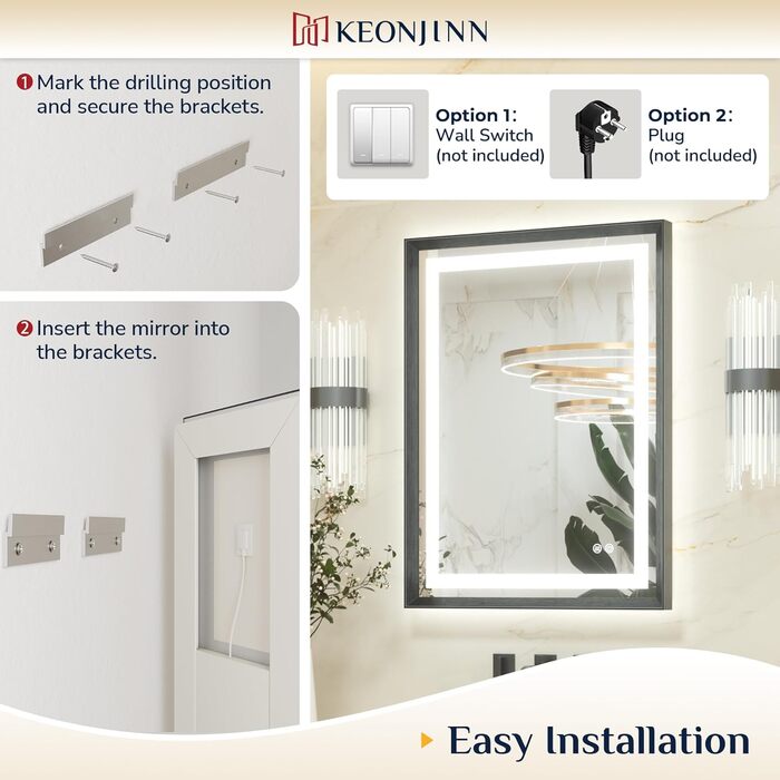 Дзеркало для ванної кімнати Keonjinn з підсвічуванням, чорний металевий каркас 60x80 см, антизапітніння, LED, сенсорне управління, 3 кольори світла, регулювання яскравості, функція пам'яті, настінне дзеркало