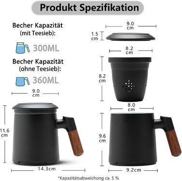 ZENS Teacup with Lid and Infuser, 360 ml Wooden Handle Tea Cup with Tea Strainer and Lid for Loose Leaf Tea, Matte Ceramic Tea Cups Gifts for Tea Lovers, Hand-Sprayed Black Glaze
