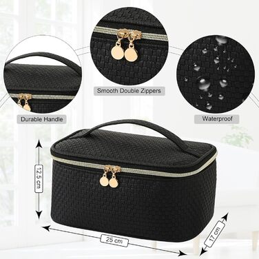 Жіноча косметичка для подорожей, водонепроникна, з відділенням для пензликів, з PU шкіри, велика, органайзер, косметичка для макіяжу (Хвилястий зелений, Елегантний чорний)