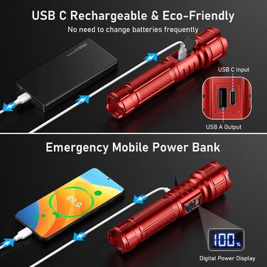 LED ліхтарик Blukar: перезарядна модель, екстремально яскравий, з функцією зуму, 5 режимів, водонепроникний IP67, для кемпінгу та надзвичайних ситуацій (червоний)