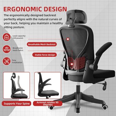 Ергономічне крісло для офісу та геймінгу з регульованою підголівником та підлокітниками, підтримкою попереку, дихаючою спинкою, регулюванням висоти та роликами. Чорний колір.