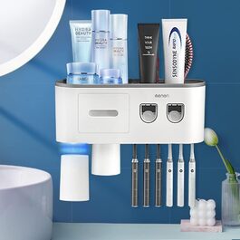 Automatic Toothpaste Dispenser, DENSAIL Toothbrush Holder Wall Mount with Dustproof Cover and 2 Toothpaste Dispensers, 2 Electric Toothbrush Holders, and 4 Toothbrush Organizer Slots (2 Dispensers + 2 Cups)