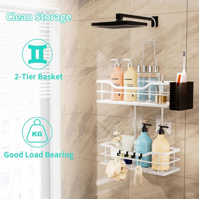 Настінна поличка для душу HapiRm з 4 гачками - органайзер для шампуню та засобів для душу, білий