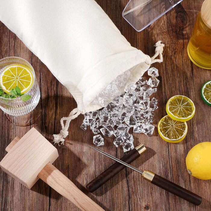 4-Piece Canvas Ice Scraper and Crusher Set with Stainless Steel Ice Pick with Safety Cover, Wooden Handle and Sheath, Wooden Ice Crusher Hammer for Crush Ice Tools Bartender Bar Kitchen Accessories