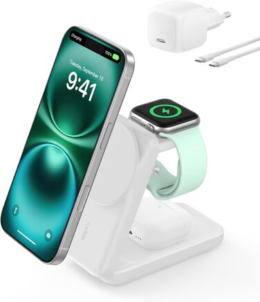 Зарядна станція Belkin UltraCharge 3 в 1 з Qi2.2, 25W, сумісна з MagSafe, для iPhone, Apple Watch, AirPods, Pixel, з адаптером 45W