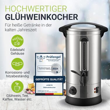 Juskys Glühwein Warmer Teramo 10 Liter 1500W with Tap, Thermostat & Overheating Protection, 30-110°C, Stainless Steel, Electric, Hot Beverage Dispenser