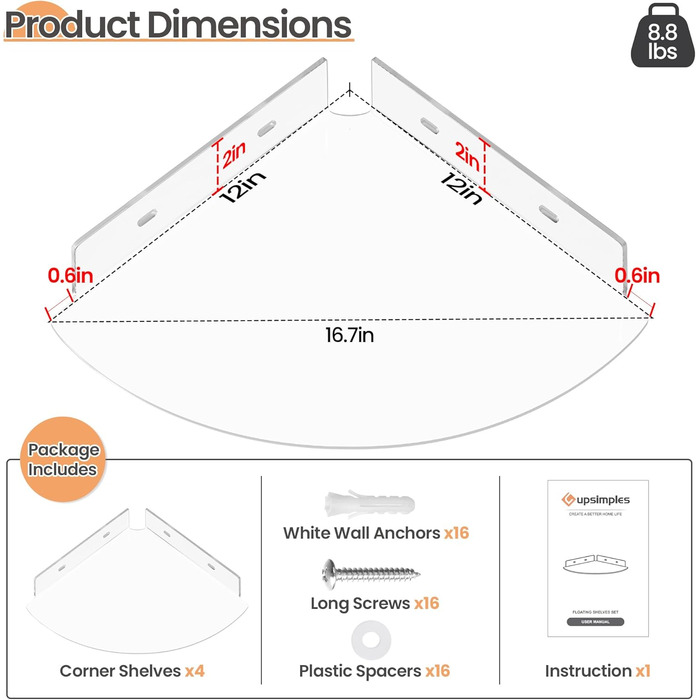 Настінні полиці Upsimples 4 шт. Білі, без свердління, 38 x 10 см, 2 способи кріплення, для ванної, спальні та кухні