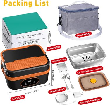 Електрична обідовниця з підігрівом 1.5L, перезаряджувана, портативна, для роботи, сім'ї, кемпінгу, офісу, подорожей, будівельних майданчиків, чорна з червоними акцентами
