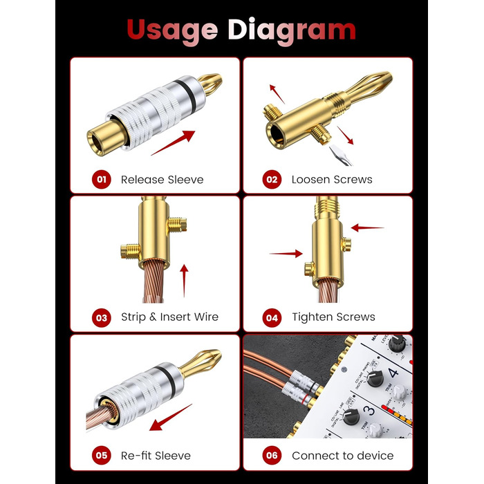 MOSWAG Бананові конектори для акустичних кабелів 4 шт. (2 пари), 24K позолота, для акустичних систем, AV-ресиверів, домашнього кінотеатру (підходить для кабелів діаметром до 4.5 мм)