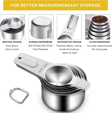 Stainless Steel Measuring Cups and Spoons Set with 15 Pieces – including 7 nestable metal measuring cups, 8 magnetic measuring spoon set – ideal kitchen helpers for cooking and baking