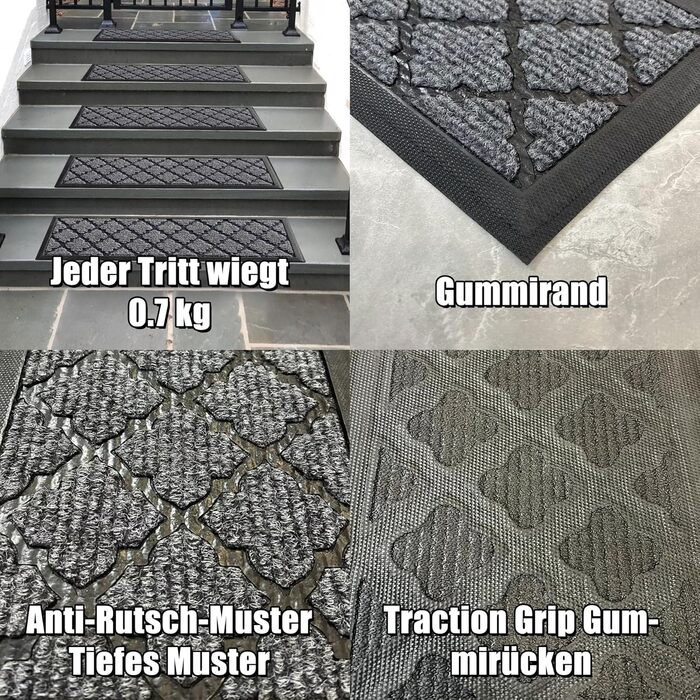 Гумові килимки на сходи зовнішні Aucuda, 6 шт., 76x22 см, сірі, антиковзкі, вологостійкі, теплоізоляційні для вулиці